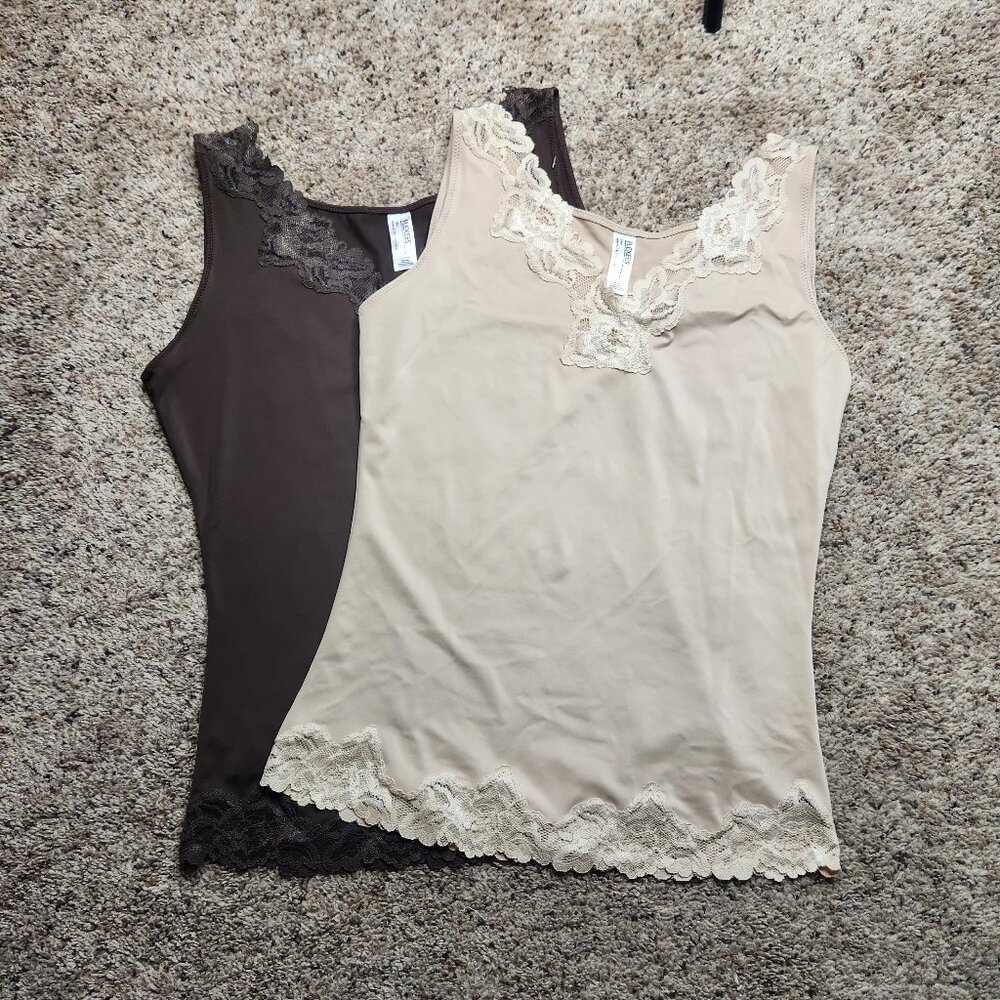 Flexees Brown and Cream Lace Trim Tank Tops